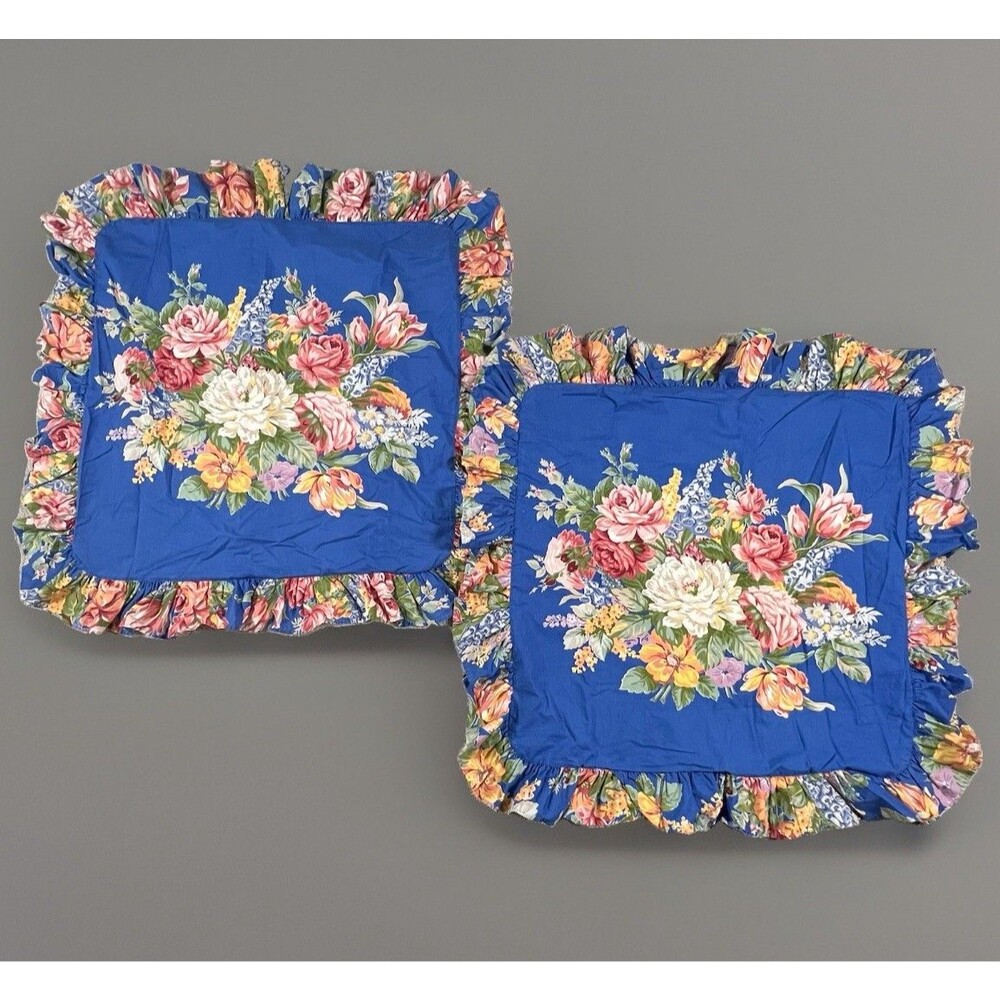 Ralph Lauren Vintage Melissa Blue Floral Ruffled Euro Square Shams Set 2 25X25”